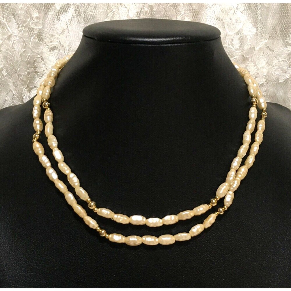 Vintage Faux Pearl Dainty Rice Bead Necklace Layered 28"